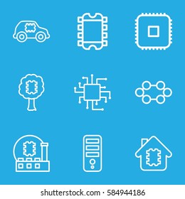semiconductor icons set. Set of 9 semiconductor outline icons such as CPU, CPU in house, CPU in car