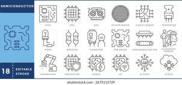 Semiconductor icons set. Core component, connections, flow, manufacturing, technology, innovation, usage, factory, processor, and many more. Vector editable stroke.