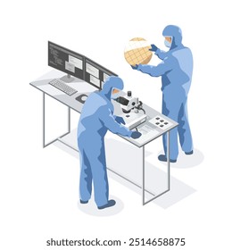 engenheiro de fábrica da indústria de semicondutores usa microscópio para inspecionar microchip no conceito de pesquisa e desenvolvimento ilustração isolada isométrica