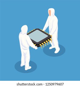 Semiconductor Isometric Design Concept With Two Men In White Protective Clothing Holding Big Processor Unit Vector Illustration