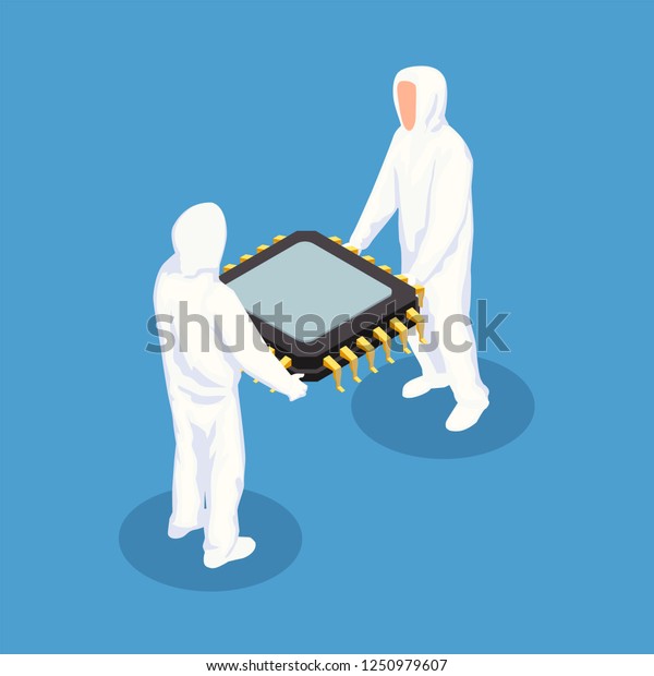 白い防護服を着た2人の男性が大きなプロセッサユニットベクターイラストを持つ 半導体アイソメデザインコンセプト のベクター画像素材 ロイヤリティフリー
