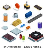 Semiconductor isometric set of microchip  microprocessor diode transistor capacitor resistor slot isolated elements vector illustration