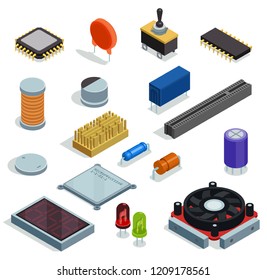 Semiconductor isometric set of microchip  microprocessor diode transistor capacitor resistor slot isolated elements vector illustration