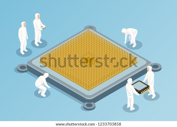 Semiconductor isometric vector illustration with\
big image of cpu in center and people in white technological\
clothing for clean\
rooms