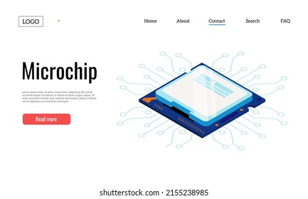 Semiconductor landing. Electronic circuit web page template with microcontroller board and electric components. Vector modern microchip website. Microchip 3d web page advertising illustration