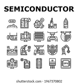 Semiconductor Manufacturing Plant Icons Set Vector. Installation Semiconductor On Board And Testing, Test Computer Screen And Digital Equipment Black Contour Illustrations