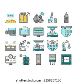 Semiconductor Manufacturing Plant Icons Set Vector. Installation Semiconductor On Board And Testing, Test Computer Screen And Digital Equipment Concept Linear Pictograms. Contour Illustrations