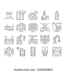 Semiconductor Manufacturing Plant Icons Set Vector. Installation Semiconductor On Board And Testing, Test Computer Screen And Digital Equipment Black Contour Illustrations