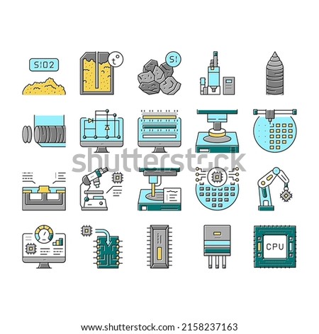 Semiconductor Manufacturing Plant Icons Set Vector. Installation Semiconductor On Board And Testing, Test Computer Screen And Digital Equipment Concept Linear Pictograms. Contour Illustrations