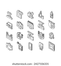 Semiconductor Manufacturing Plant isometric icons set. Installation Semiconductor On Board And Testing, Test Computer Screen And Digital Equipment Concept Linear Pictograms. Contour .