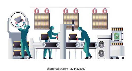 Semiconductor manufacturing process. Circuits boards components production with assembly line and workers, innovation technology concept. Vector illustration of processor manufacturing equipment