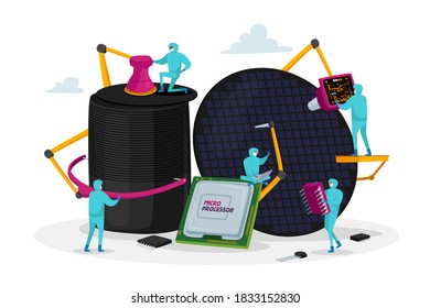 Semiconductor Manufacturing Process. Facility Team of Scientist Characters in Sterile Protective Coverall Set up Micro Processor on Industrial Manufacture Equipment. Cartoon People Vector Illustration