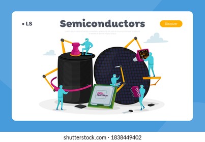 Semiconductor Manufacturing Process Landing Page Template. Facility Team of Scientist Characters Set up Micro Processor on Industrial Manufacture Equipment. Cartoon People Vector Illustration