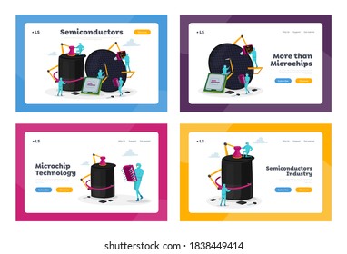 Semiconductor Manufacturing Process Landing Page Template Set. Facility Team of Scientist Characters Set up Micro Processor on Industrial Manufacture Equipment. Cartoon People Vector Illustration