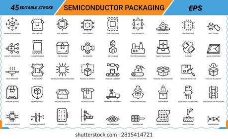 Semiconductor packaging icons set representing wafer fabrication and microchip assembly methods.