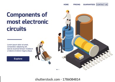 Semiconductor production page design with components of electronic circuits symbols isometric vector illustration