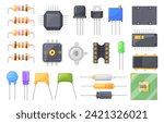 Semiconductor resistor. Electric component pcb industrial microcontroller parts, electrical oscillation fuse resistance capacitor micro chip processor, vector illustration of electronic component set