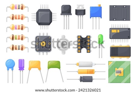 Semiconductor resistor. Electric component pcb industrial microcontroller parts, electrical oscillation fuse resistance capacitor micro chip processor, vector illustration of electronic component set