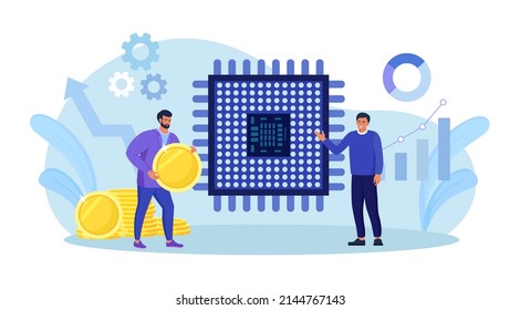 Semiconductor shortage. Businessman gives dollar coins for microchip. Computer chip supply chain shortage due, electronics manufacturing problem. Buyer pay high price for micro CPU. Vector design