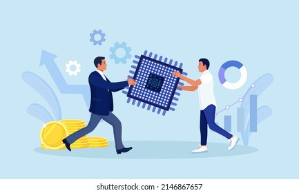 Semiconductor shortage. Businessmen fighting to get electronic chip, microchip. Computer chip supply chain shortage due, electronics manufacturing problem. Buyer competite for micro CPU. Vector design