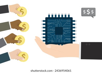 Escasez de semiconductores, bandera conceptual. Varias manos de los compradores da monedas de dólar para el microchip. Escasez de la cadena de suministro de chips de computadora, problema de fabricación de electrónica. ilustración vectorial