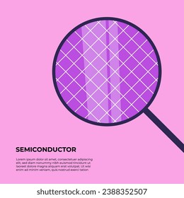 Estructura de silicio semiconductor bajo vidrio de aumento. Industria de semiconductores. Ilustración vectorial plana en estilo de dibujos animados.