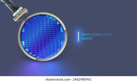 Semiconductor o oblea de silicio en la fábrica de electrónica. Virutas de semiconductores en la oblea circular de silicio. Procesamiento de tecnología de Industrial de chips de producción o procesadores. Desarrollo de chips, fabricación.