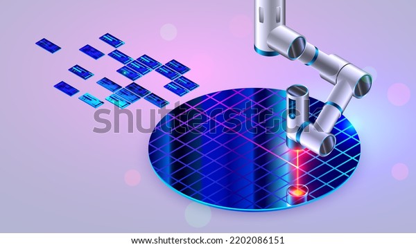 Semiconductor wafer fot manufacture microchips.\
Electronic technology equipment. Laser on robotic arm cutting\
slices chip on silicon wafer on factory. CPU production.\
Semiconductor crystal disc.\
