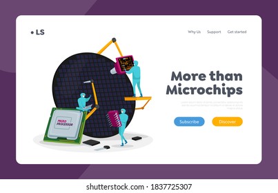 Semiconductors Manufacturing, Scientific Research Landing Page Template. Scientists Characters in Sterile Suits Work with Modern Industrial Machinery in Laboratory. Cartoon People Vector Illustration