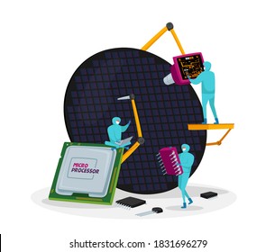 Semiconductors Product Manufacturing Process, Scientific Research. Scientists Characters in Sterile Suits Working with Modern Industrial Machinery in Laboratory. Cartoon People Vector Illustration