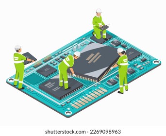 Semiconductors Production support Circuit Design symbols Concept isometric semiconductor illustration isometric isolated vector