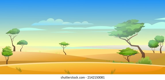 Semi-desert Africa. Landscape far horizon. Scene with sand and plants. Savannah in desert. African acacia trees. Vector.