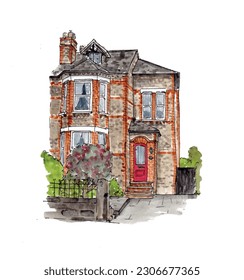 Semi-detached British home, red brick, Victorian. Red door. Suburban. Watercolor illustration. Isolated vector.