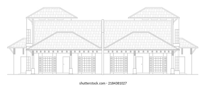 Semi-detached house elevation view in black and white 2D CAD drawing. It has 4 bedrooms 2 dining, 1 kitchen, 1 living room, and 3 bathrooms. The two houses share a central wall together.