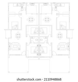 Semi-detached house layout plan in black and white 2D CAD drawing. It has 4 bedrooms 2 dining, 1 kitchen, 1 living room, and 2 bathrooms. The two houses share a central wall together.