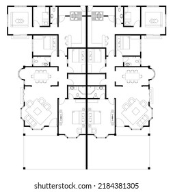 Semi-detached house layout plan in black and white 2D CAD drawing. It has 4 bedrooms 2 dining, 1 kitchen, 1 living room, and 3 bathrooms. The two houses share a central wall together.