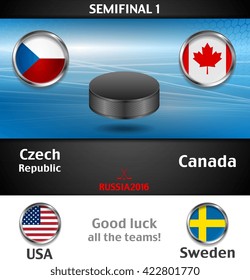 Semifinal of the world championship hockey background with black puck. Vector graphic winter sport design