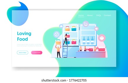 Semifinished Products Landing Page Template. Tiny People Put Frozen Food in Huge Refrigerator. Chef Characters Cooking Natural Fresh Meals Vegetables and Meat for Freezing, Cartoon Vector Illustration