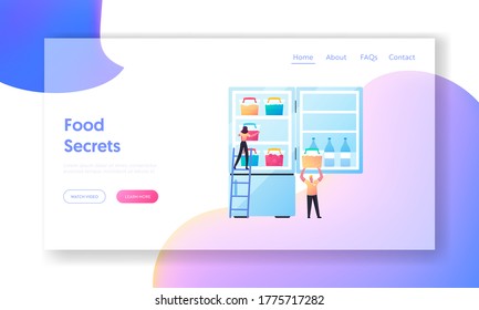 Semifinished Products Refrigeration, Fresh Homemade Meals Landing Page Template. Tiny Characters Stand on Ladder Put Frozen Food in Containers to Huge Refrigerator. Cartoon People Vector Illustration