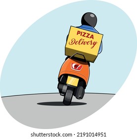 Semi-flat cartoon style design vector illustration rear view of a man in blue uniform riding orange scooter ,online service delivery of food , groceries or courier.  Illustartion partly backgrounded