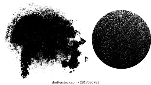 semi-grunge design element set featuring a heavy black ink splash stain and a detailed textured pointillist circle