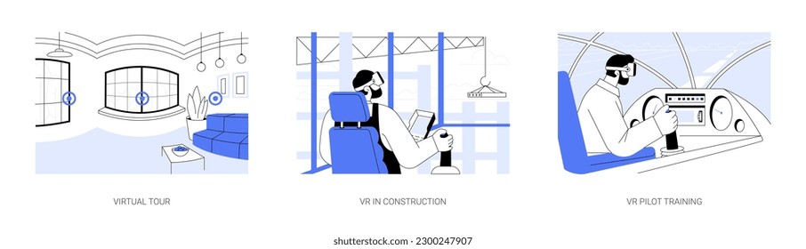 Semi-immersive virtual reality abstract concept vector illustration set. Real estate virtual tour, VR in construction, tower crane simulation, pilot training using virtual reality abstract metaphor.