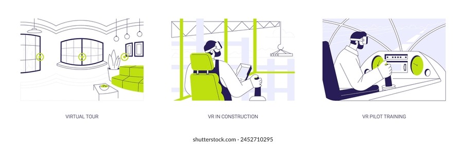 Semi-immersive virtual reality abstract concept vector illustration set. Real estate virtual tour, VR in construction, tower crane simulation, pilot training using virtual reality abstract metaphor.