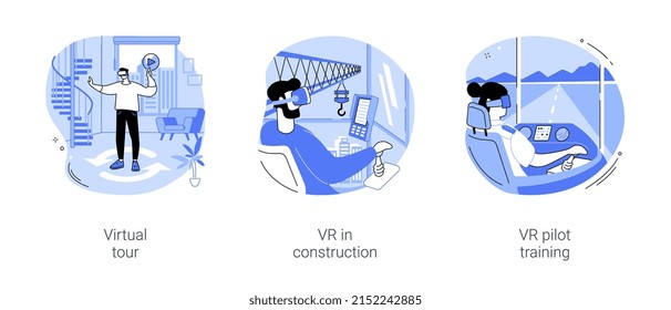 Semi-immersive Virtual Reality Isolated Cartoon Vector Illustrations Set. Real Estate Virtual Tour, VR In Construction, Tower Crane Simulation, Pilot Training Using Virtual Reality Vector Cartoon.