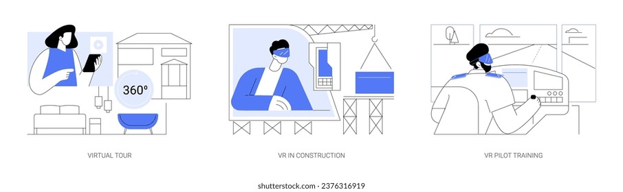 Semi-immersive virtual reality isolated cartoon vector illustrations set. Real estate virtual tour, VR in construction, tower crane simulation, pilot training using virtual reality vector cartoon.