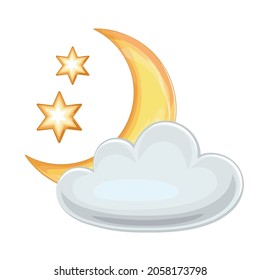 Semimonthly and stars behind cloud in night sky. Image of moon for Weather forecast icon. Vector illustration. Vector illustration