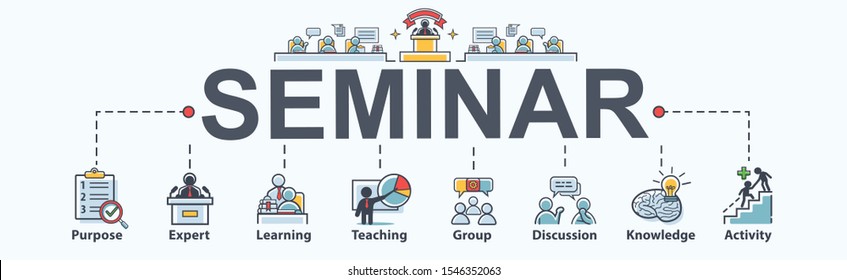 Seminar banner web icon for business and Training, coach, teaching, learning, group, knowledge, activity, discussion and purpose. Minimal vector infographic.