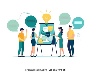 Seminar or business discussion, meeting or brainstorming of a new idea, training course lesson, business people in the conference room of the seminar and stickers for notes, vector illustration