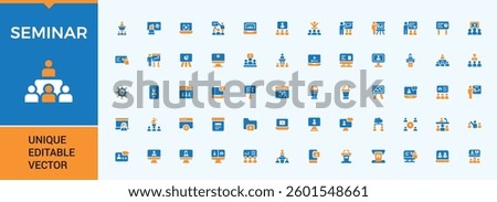 Seminar colorful icon set. Pack of discuss, conference, class, meeting, collaboration, discussion and more. Minimal flat solid web icons set. Classroom icon pack. Editable vector art.