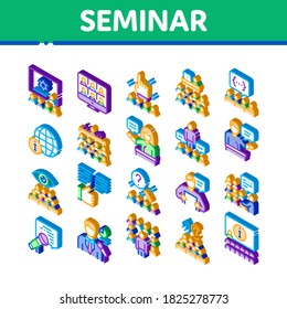 Vector de juego de iconos de conferencia de seminario. Seminario Isométrico En Sala De Reuniones, Comunicación Y Presentación En Línea, Ilustraciones De Oradores Y Lectores